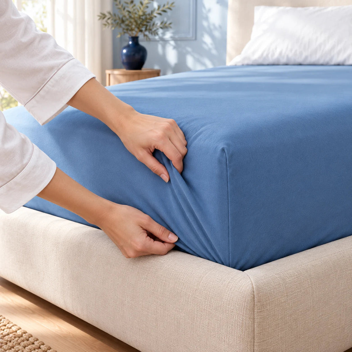 Applicazione del lenzuolo con angoli blu Lunex al materasso