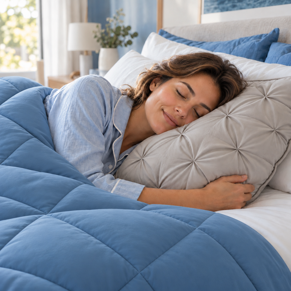 Un moment de douceur avec l’oreiller SoftCloud® capitonné et la couette EasySleep® bleue.